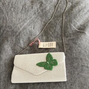 Elegant White Beaded Clutch with Green Butterfly by Tianay